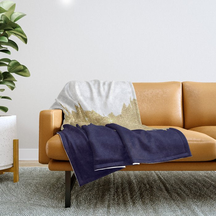 Modern navy blue white faux gold glitter brushstrokes Throw Blanket Gallery Image 1