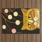 Japanese Cat Cubism Woodblock Print Cherry Blossom Midcentury Modern Outdoor Rug Gallery Image 1