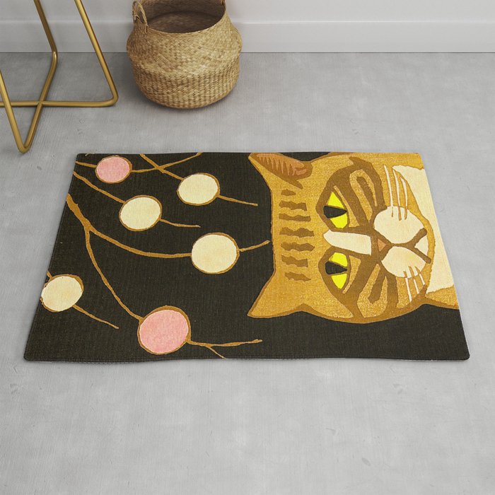 Japanese Cat Cubism Woodblock Print Cherry Blossom Midcentury Modern Rug Gallery Image 1