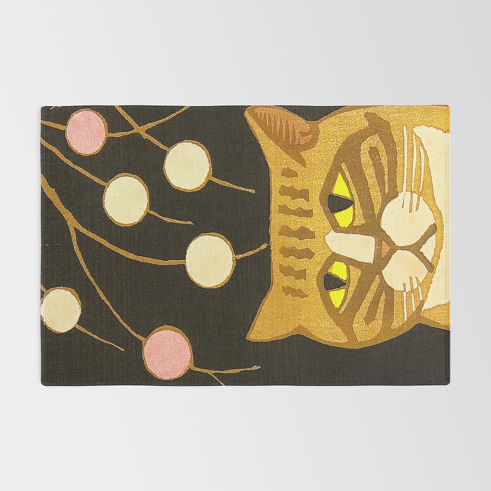 Japanese Cat Cubism Woodblock Print Cherry Blossom Midcentury Modern Rug Gallery Image 2