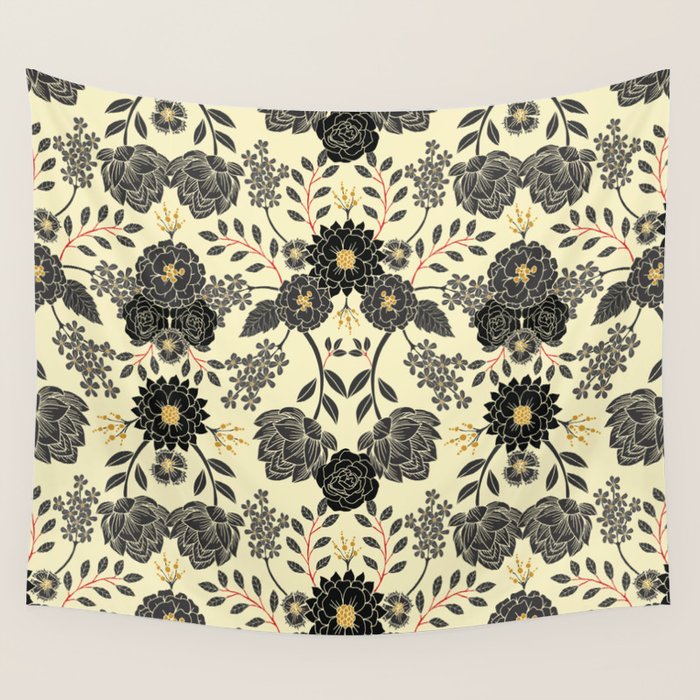 Gray, Black, Cream, Yellow & Red Sophisticated Floral Pattern Wall Tapestry Gallery Image 4