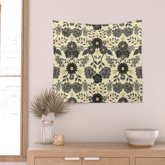 Gray, Black, Cream, Yellow & Red Sophisticated Floral Pattern Wall Tapestry Gallery Image 2