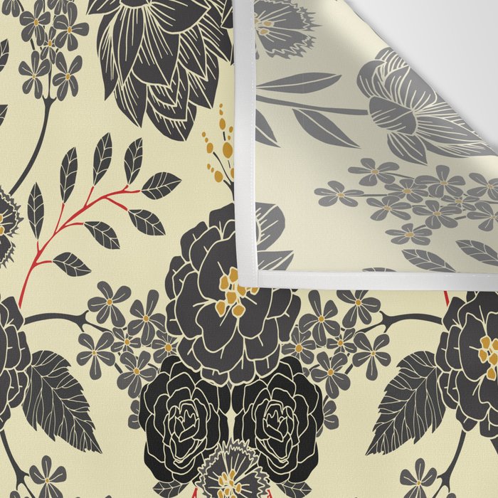 Gray, Black, Cream, Yellow & Red Sophisticated Floral Pattern Wall Tapestry Gallery Image 3