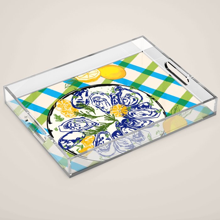 Oysters on Plate with Lemon - Coastal Checkered Acrylic Tray Gallery Image 1