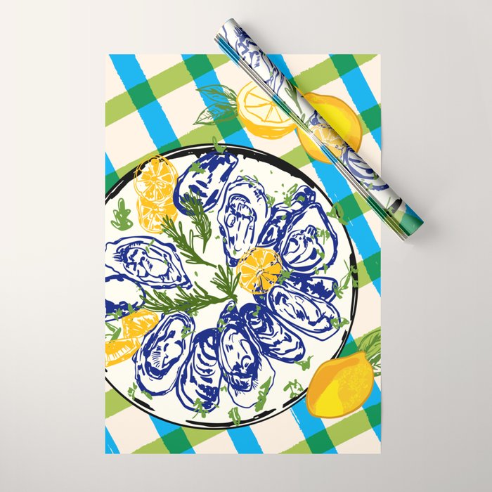Oysters on Plate with Lemon - Coastal Checkered Wrapping Paper Gallery Image 1