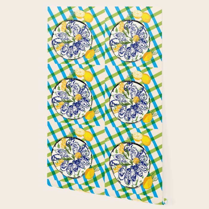 Oysters on Plate with Lemon - Coastal Checkered Wallpaper Gallery Image 2