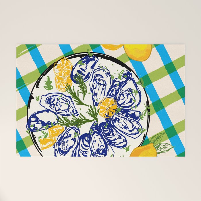 Oysters on Plate with Lemon - Coastal Checkered Welcome Mat Gallery Image 1
