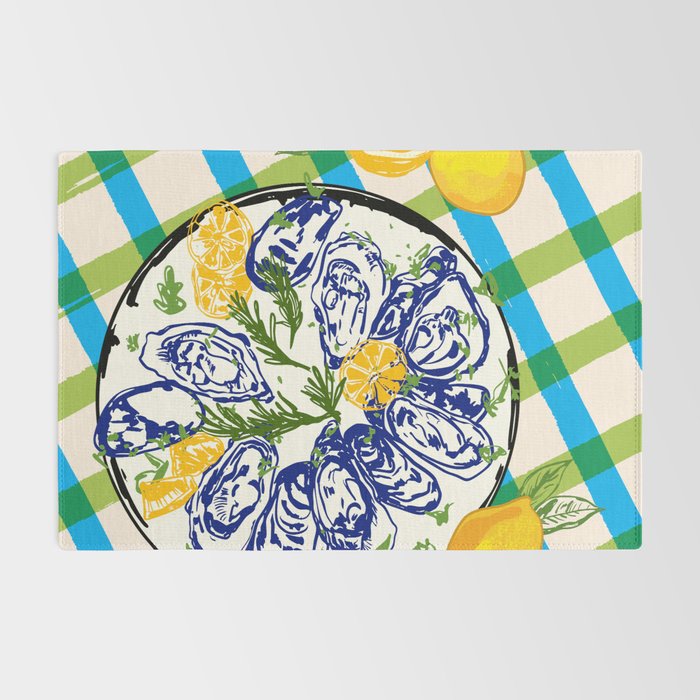Oysters on Plate with Lemon - Coastal Checkered Rug Gallery Image 2
