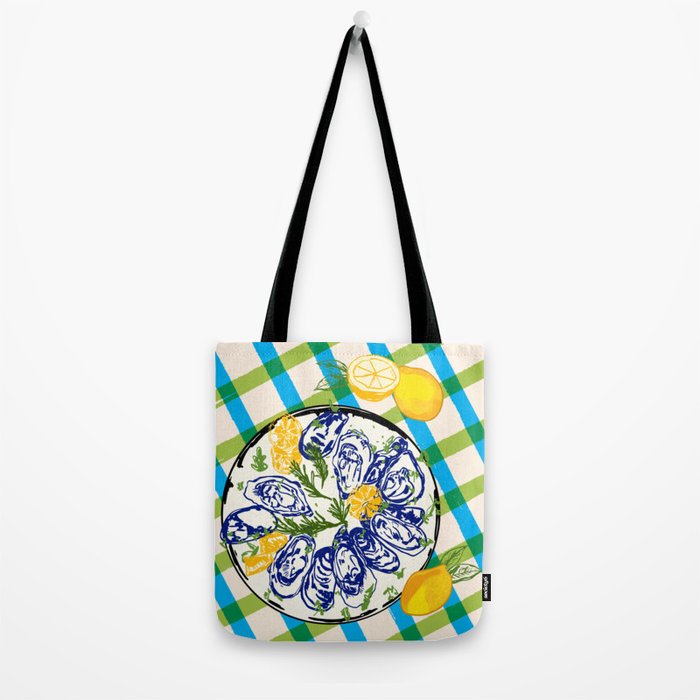 Oysters on Plate with Lemon - Coastal Checkered Tote Bag Gallery Image 2