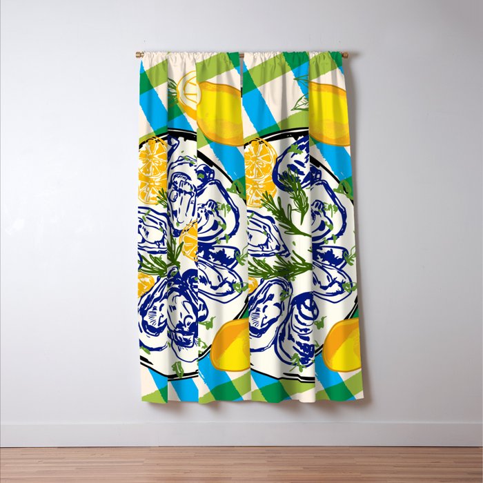 Oysters on Plate with Lemon - Coastal Checkered Window Curtain Gallery Image 3