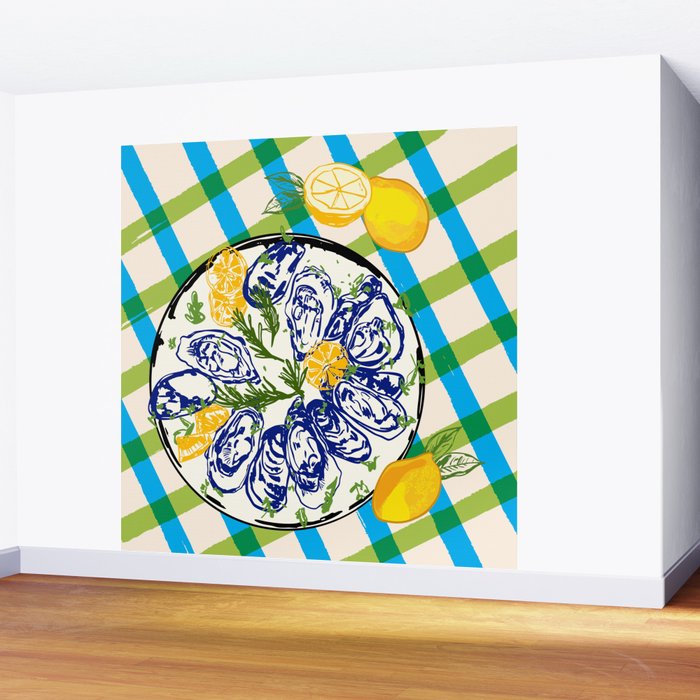 Oysters on Plate with Lemon - Coastal Checkered Wall Mural Gallery Image 2