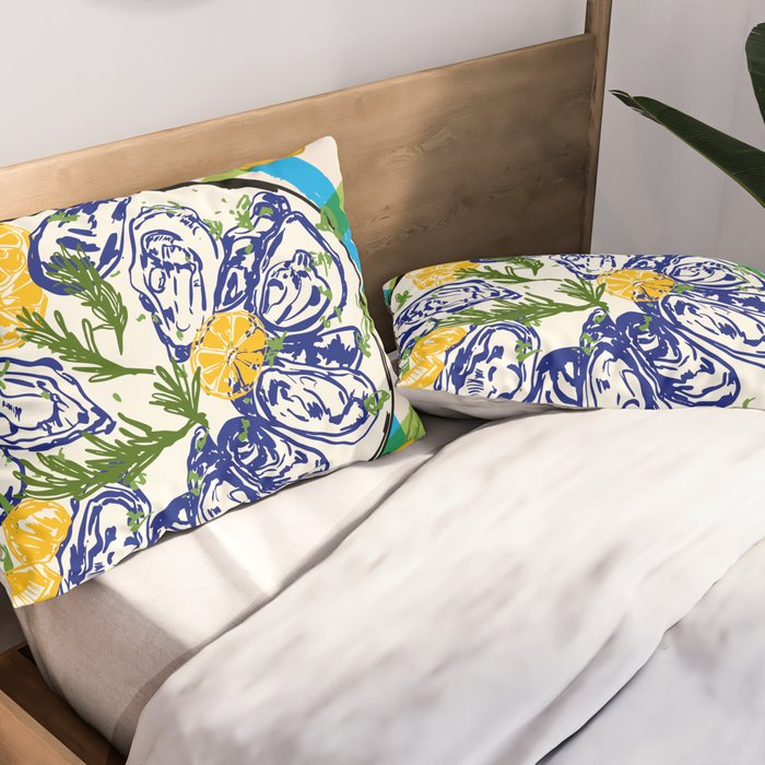 Oysters on Plate with Lemon - Coastal Checkered Pillow Sham Gallery Image 2