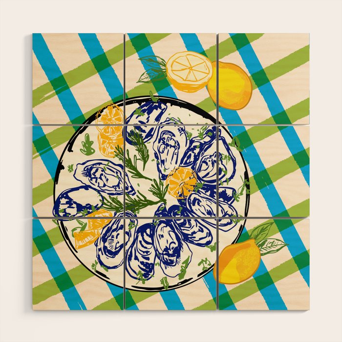Oysters on Plate with Lemon - Coastal Checkered Wood Wall Art Gallery Image 1