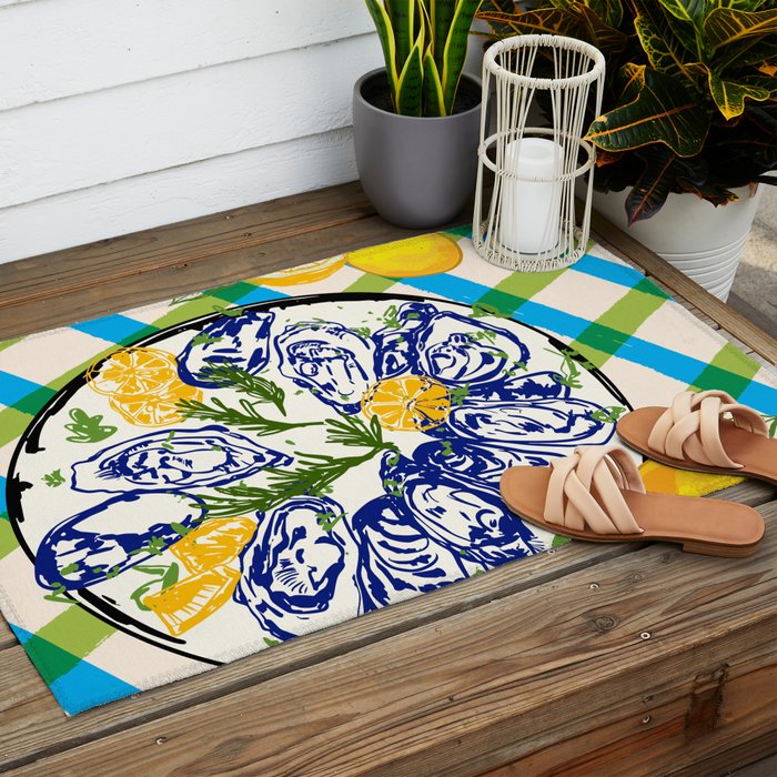 Oysters on Plate with Lemon - Coastal Checkered Outdoor Rug Gallery Image 2