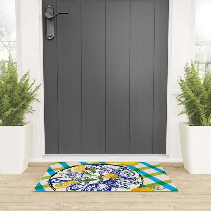 Oysters on Plate with Lemon - Coastal Checkered Welcome Mat Gallery Image 3