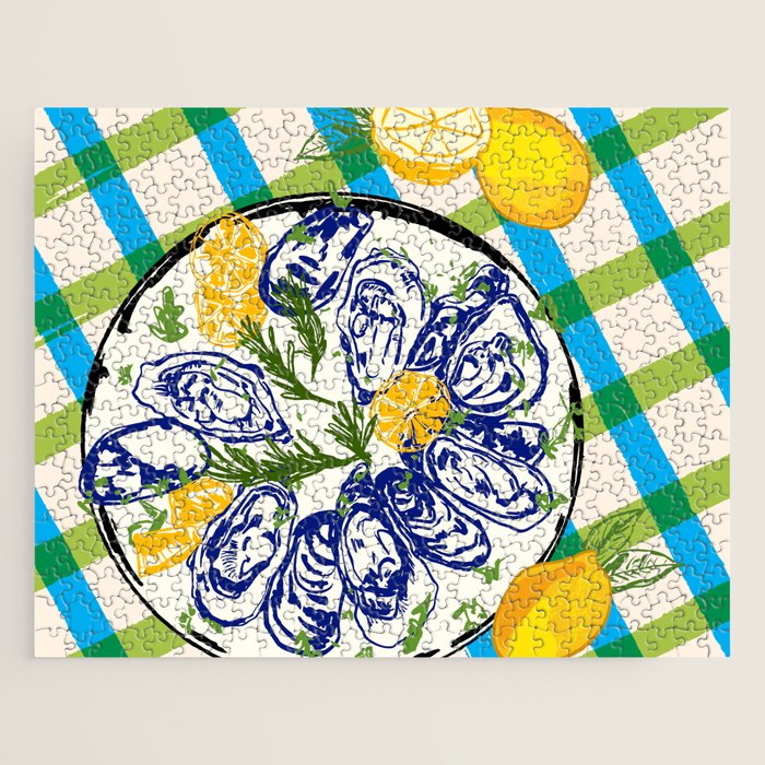 Oysters on Plate with Lemon - Coastal Checkered Jigsaw Puzzle Gallery Image 1