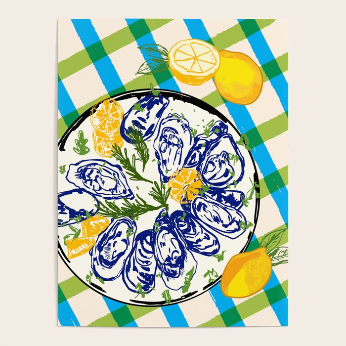 Oysters on Plate with Lemon - Coastal Checkered Poster Gallery Image 4