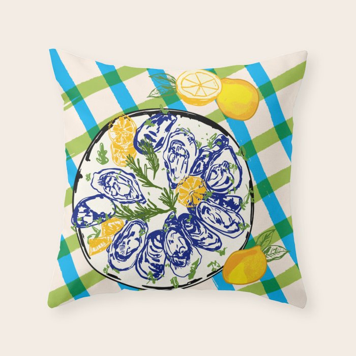 Oysters on Plate with Lemon - Coastal Checkered Throw Pillow Gallery Image 6