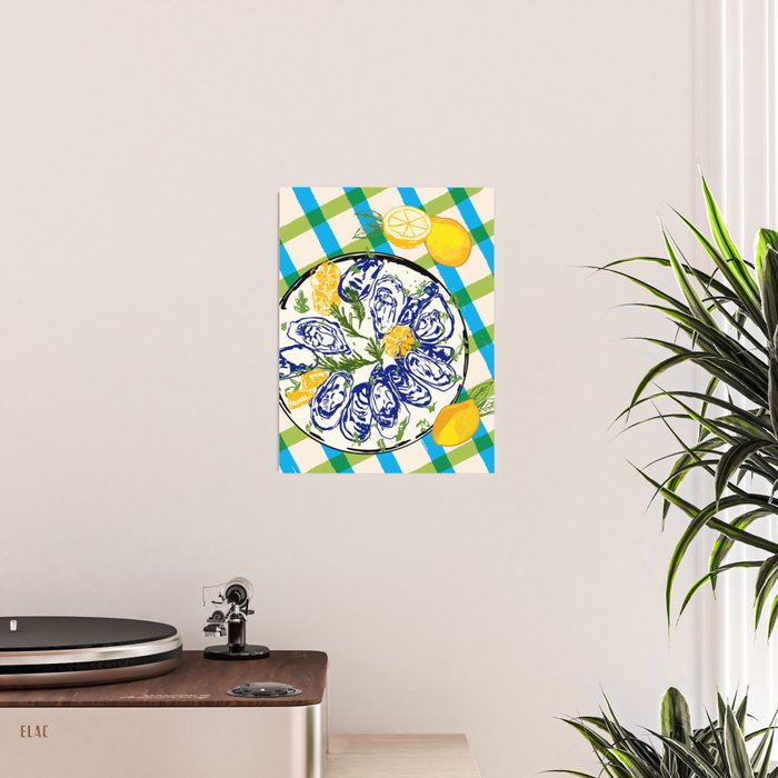 Oysters on Plate with Lemon - Coastal Checkered Poster Gallery Image 2