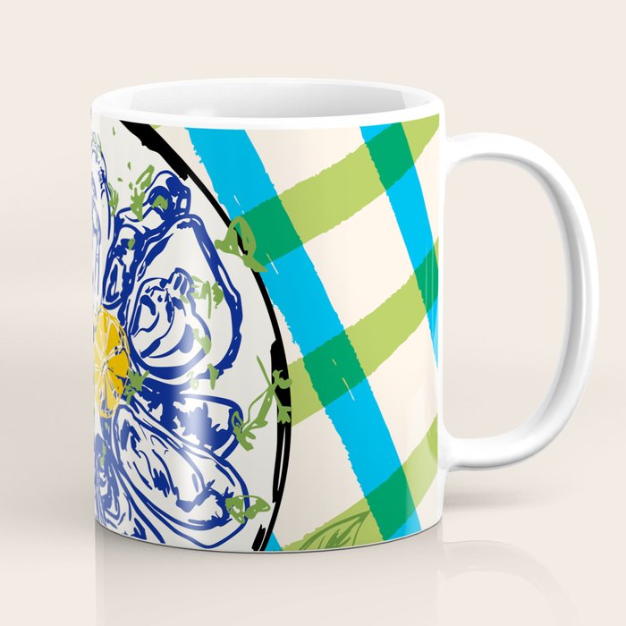 Oysters on Plate with Lemon - Coastal Checkered Coffee Mug Gallery Image 1
