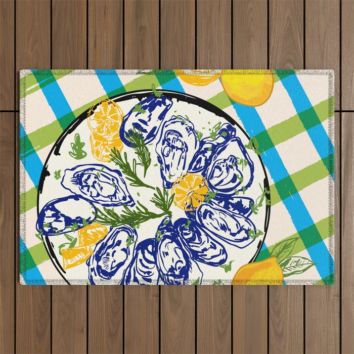 Oysters on Plate with Lemon - Coastal Checkered Outdoor Rug Gallery Image 1