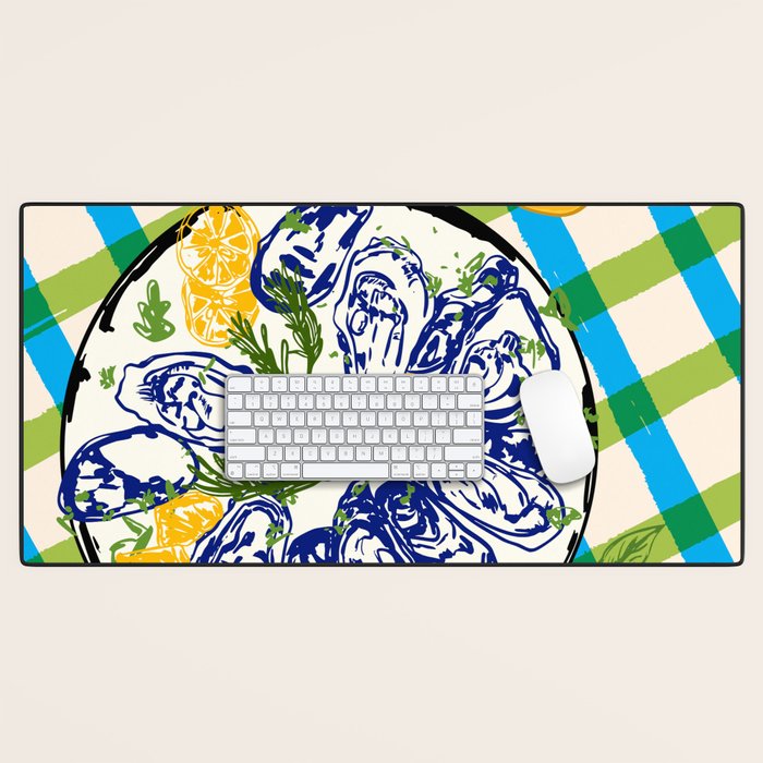 Oysters on Plate with Lemon - Coastal Checkered Desk Mat Gallery Image 1