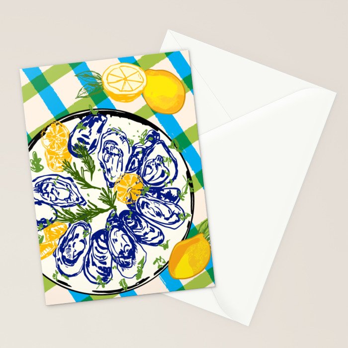 Oysters on Plate with Lemon - Coastal Checkered Stationery Card Gallery Image 2