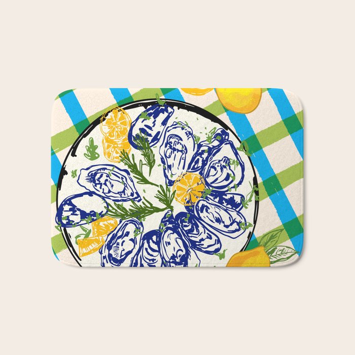 Oysters on Plate with Lemon - Coastal Checkered Bath Mat Gallery Image 1