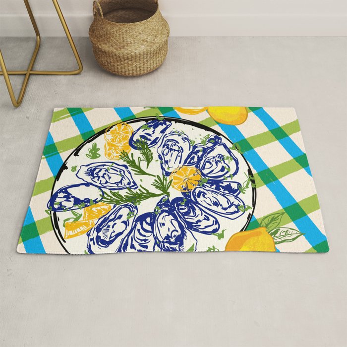 Oysters on Plate with Lemon - Coastal Checkered Rug Gallery Image 1