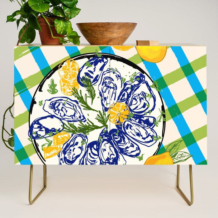 Oysters on Plate with Lemon - Coastal Checkered Credenza Gallery Image 1