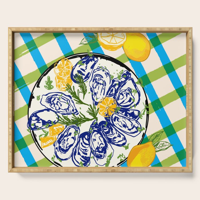 Oysters on Plate with Lemon - Coastal Checkered Serving Tray Gallery Image 1