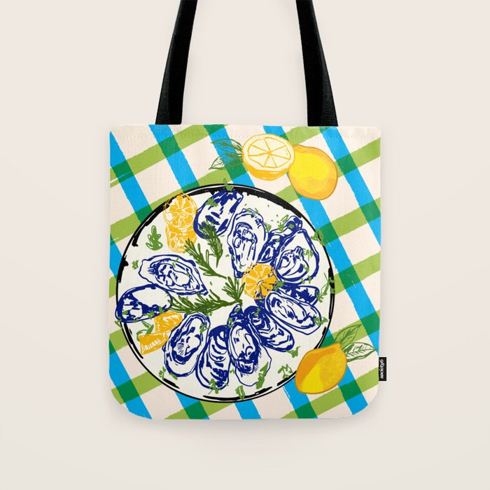 Oysters on Plate with Lemon - Coastal Checkered Tote Bag Gallery Image 1
