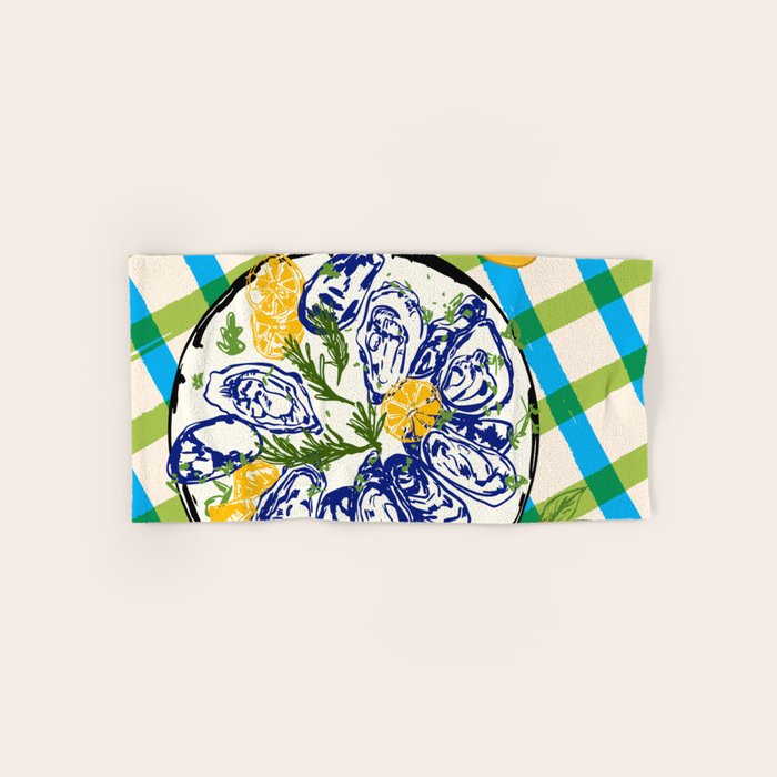 Oysters on Plate with Lemon - Coastal Checkered Bath Towel Gallery Image 1