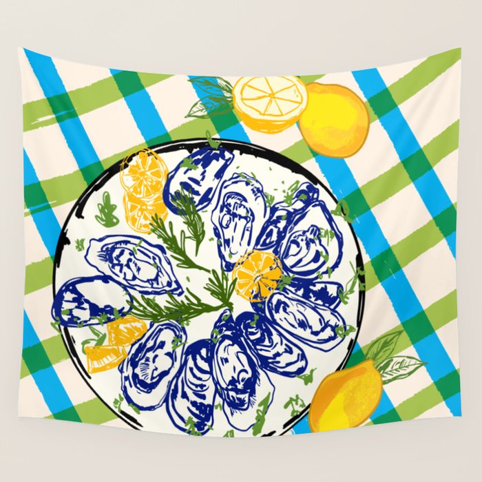Oysters on Plate with Lemon - Coastal Checkered Wall Tapestry Gallery Image 4