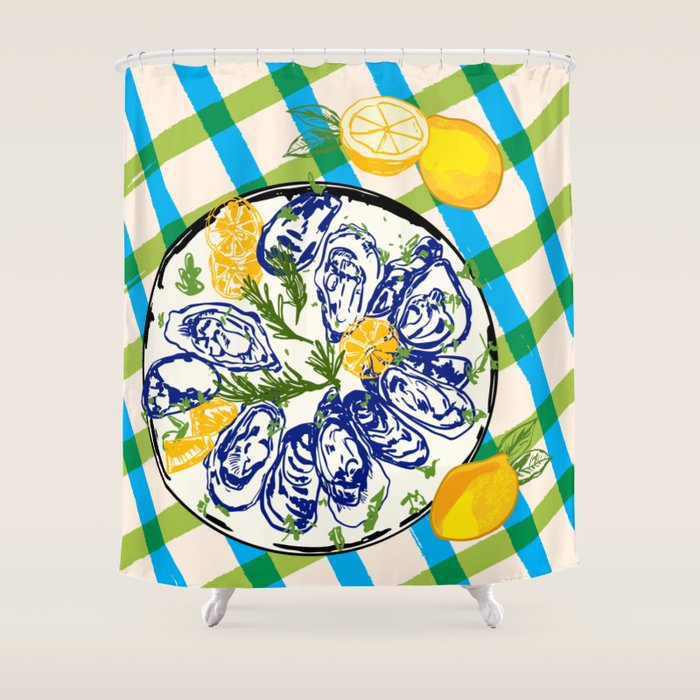 Oysters on Plate with Lemon - Coastal Checkered Shower Curtain Gallery Image 1