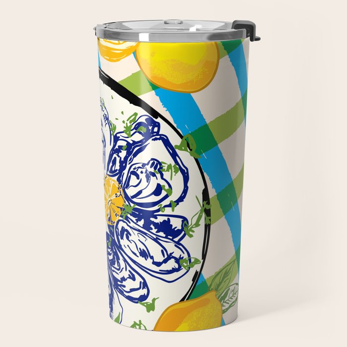 Oysters on Plate with Lemon - Coastal Checkered Travel Mug Gallery Image 2