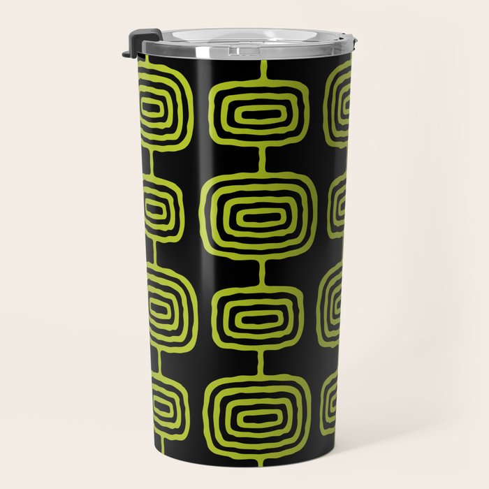 Mid Century Modern Atomic Rings Pattern Black and Chartreuse Travel Mug Gallery Image 3