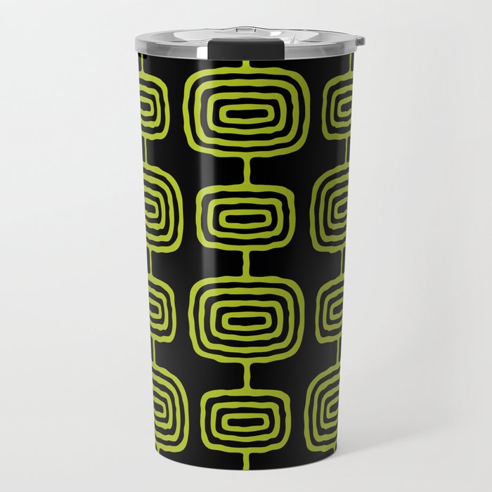 Mid Century Modern Atomic Rings Pattern Black and Chartreuse Travel Mug Gallery Image 1
