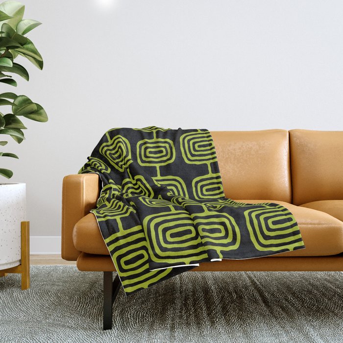 Mid Century Modern Atomic Rings Pattern Black and Chartreuse Throw Blanket Gallery Image 1