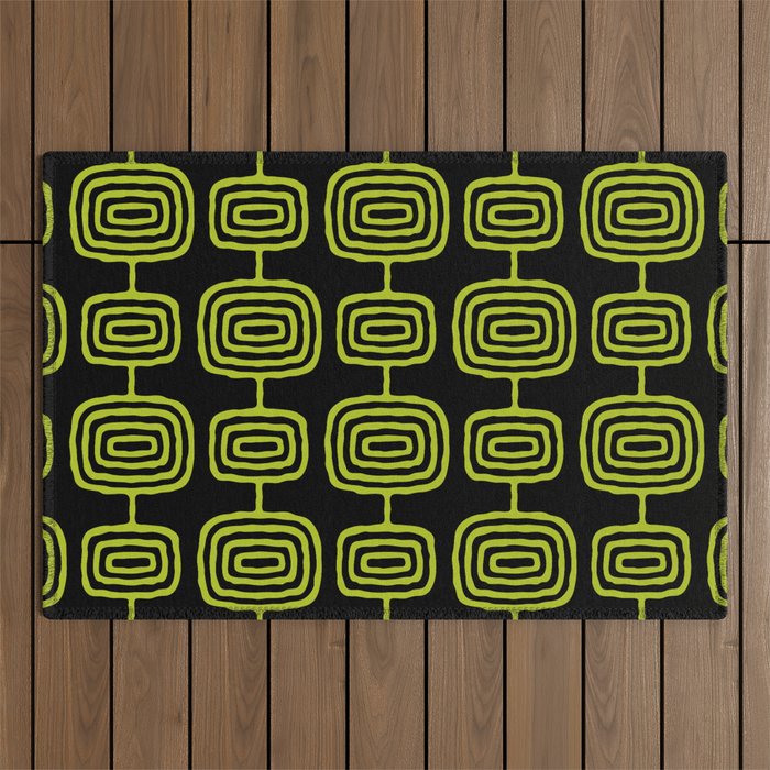 Mid Century Modern Atomic Rings Pattern Black and Chartreuse Outdoor Rug Gallery Image 1