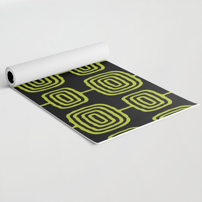 Mid Century Modern Atomic Rings Pattern Black and Chartreuse Yoga Mat Gallery Image 2