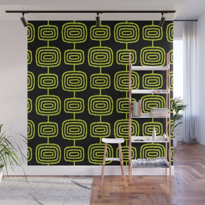 Mid Century Modern Atomic Rings Pattern Black and Chartreuse Wall Mural Gallery Image 1