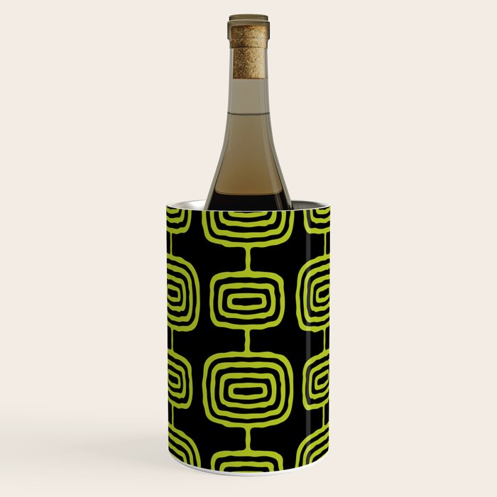 Mid Century Modern Atomic Rings Pattern Black and Chartreuse Wine Chiller Gallery Image 1