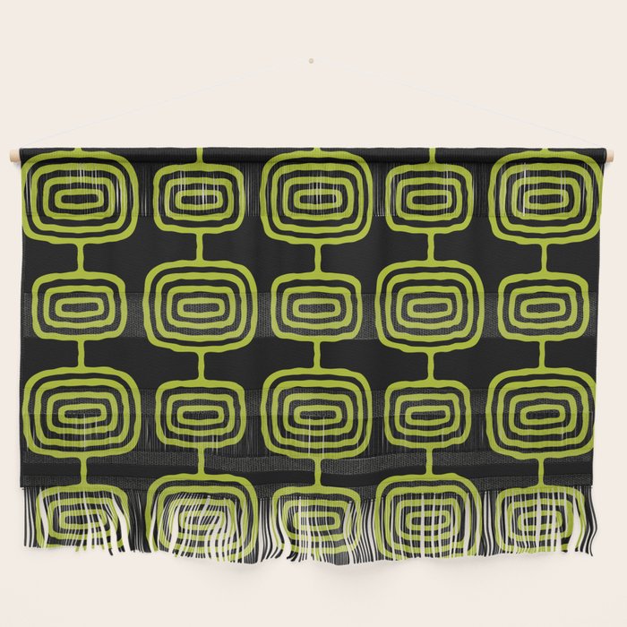 Mid Century Modern Atomic Rings Pattern Black and Chartreuse Wall Hanging Gallery Image 1