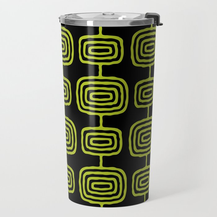 Mid Century Modern Atomic Rings Pattern Black and Chartreuse Travel Mug Gallery Image 2