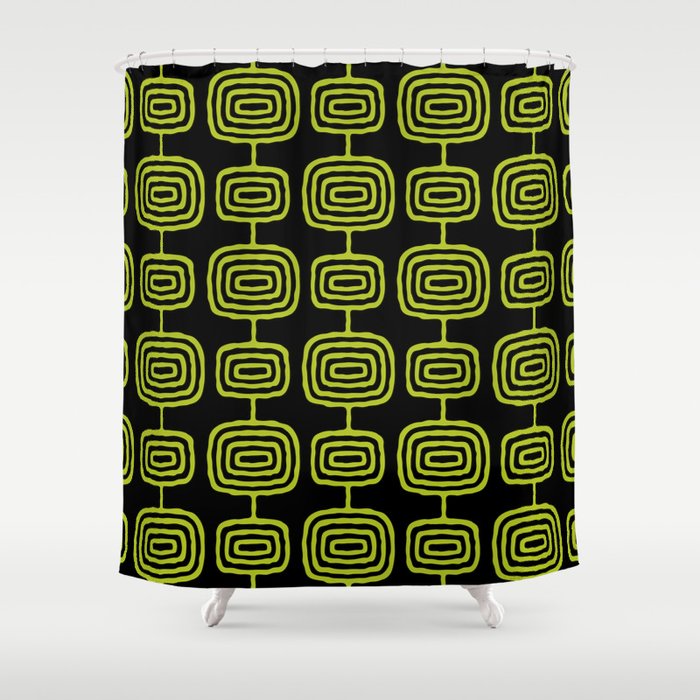 Mid Century Modern Atomic Rings Pattern Black and Chartreuse Shower Curtain Gallery Image 1