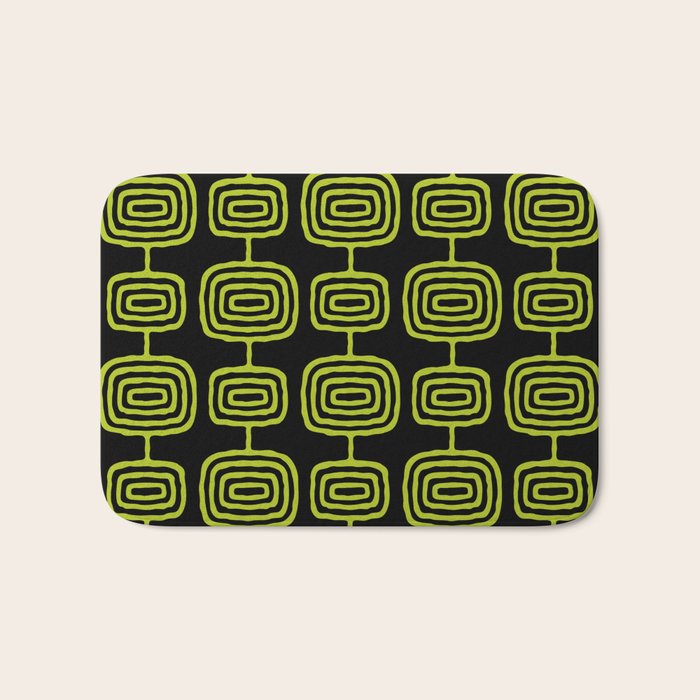 Mid Century Modern Atomic Rings Pattern Black and Chartreuse Bath Mat Gallery Image 1