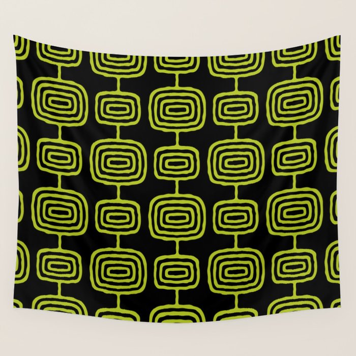 Mid Century Modern Atomic Rings Pattern Black and Chartreuse Wall Tapestry Gallery Image 4