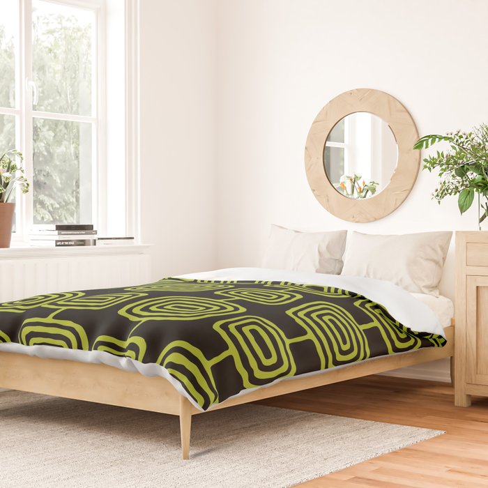 Mid Century Modern Atomic Rings Pattern Black and Chartreuse Duvet Cover Gallery Image 2