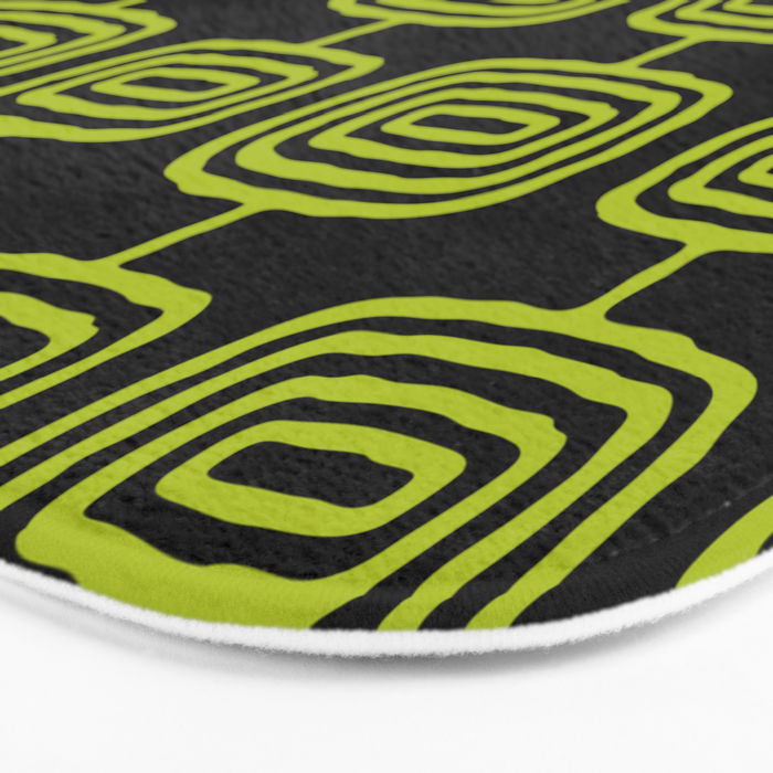 Mid Century Modern Atomic Rings Pattern Black and Chartreuse Bath Mat Gallery Image 3